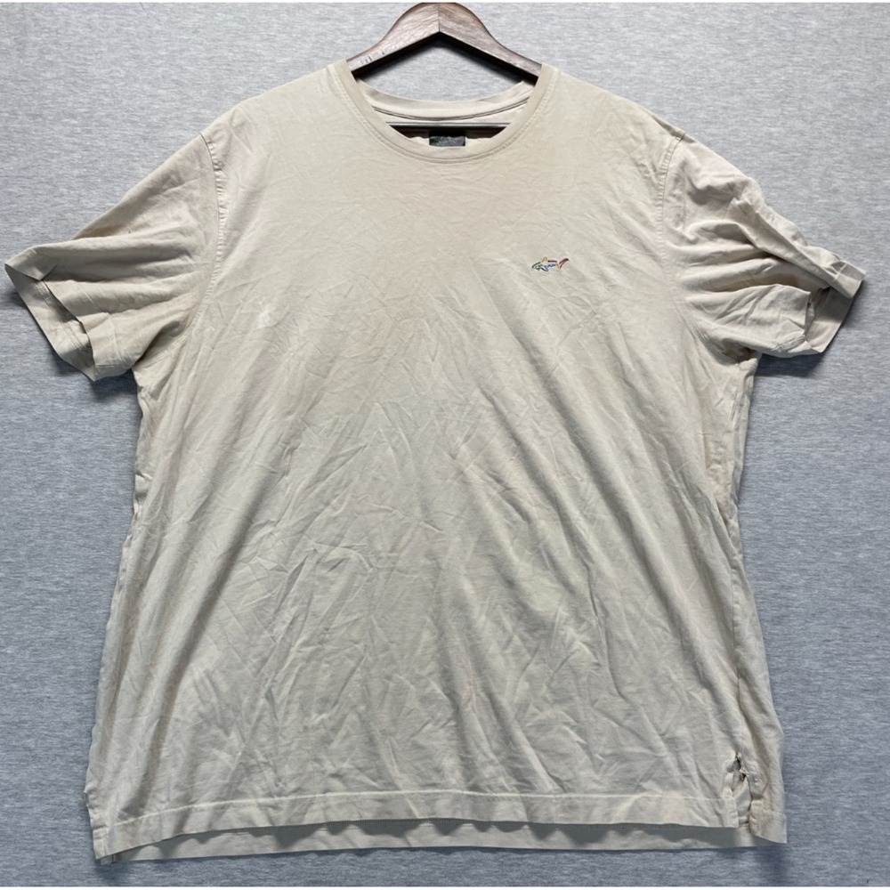 Greg Norman T-Shirt Men 2XL Light Beige Shark Logo Cotton Short Sleeve Side Slit